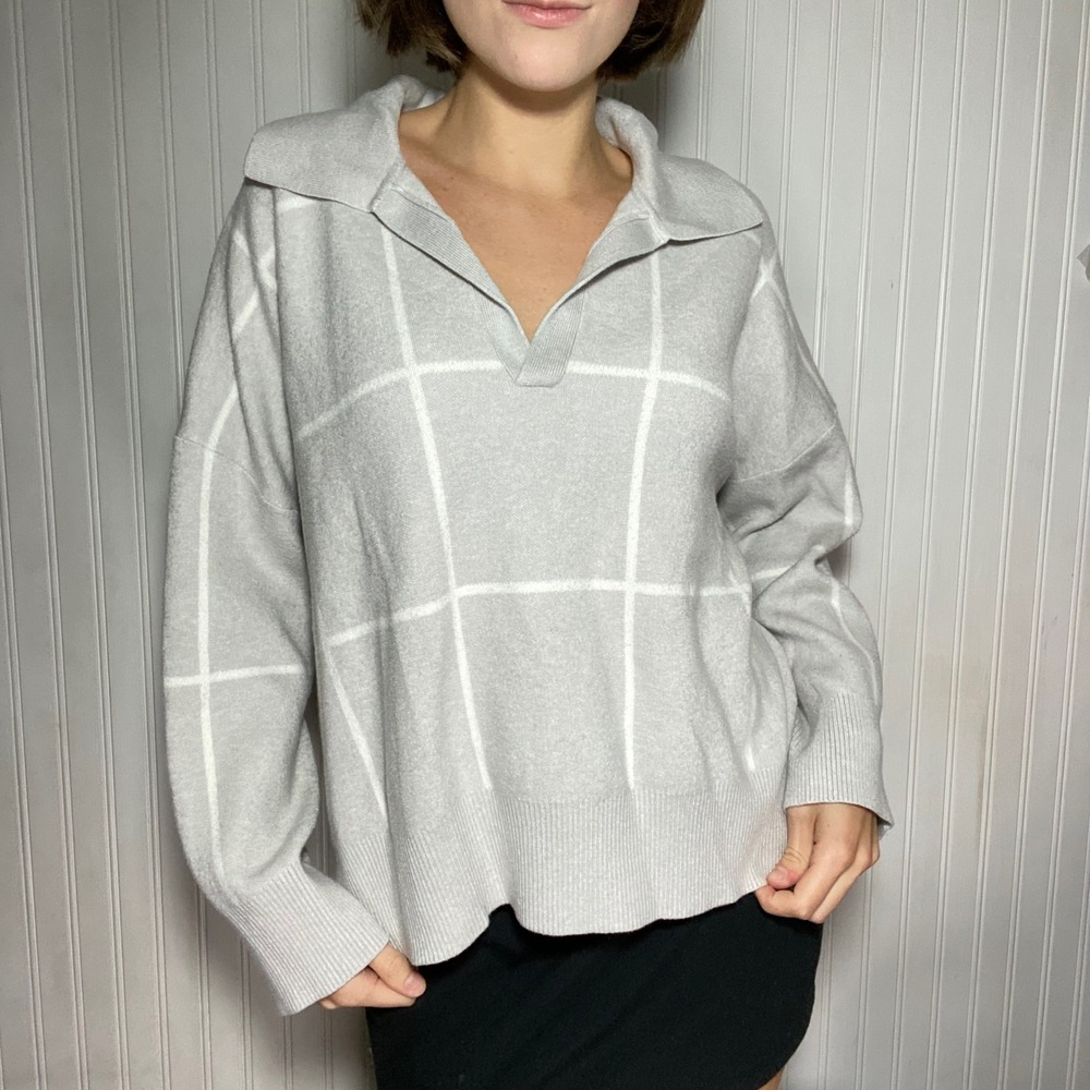 Tahari Preppy Gray Windowpane Polo Sweater Academia Minimalist Oversized - 2X